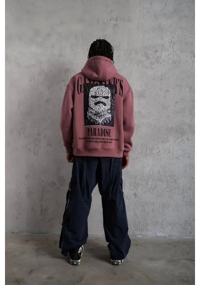 Erkek Paradise Baskılı Kapüşonlu Sweat - Gül Kurusu Gülkurusu