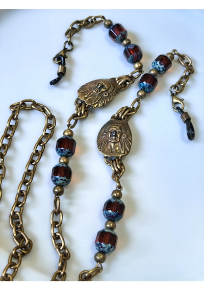 Etnik Figürlü Antik Gold Gözlük Zinciri Kristal Taşlı -thınblack Antik Altın