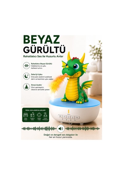 Hava Nemlendirici Buhar Makinesi Ejderha Aroma Difüzörü Beyaz Gürültülü Alev Efektli 7 Renk Led Uzaktan Kumandalı