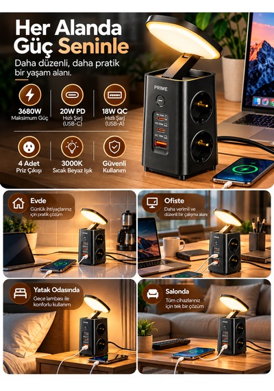 Akım Korumalı 4'lü Priz 1 Usb 2 Type-c Gece Lambalı Masaüstü Hızlı Şarj Çoklayıcı 0 - 2 M