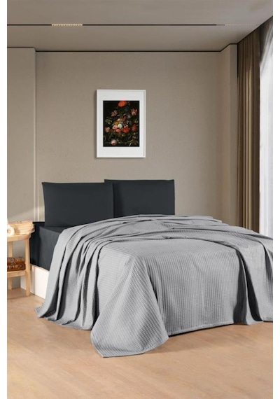 Kristal Bamboo Lastikli Çarşaflı Çift Kişilik Pike Takımı Gri Gri