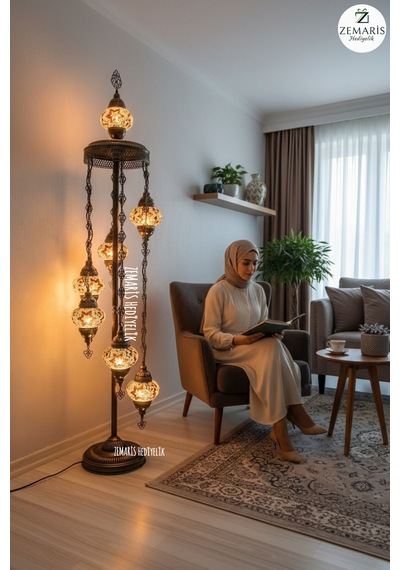 El Yapımı Otantik Mozaik Lambader 7 Li 6+1 Camlı Kahverengi - 857622442 Diğer
