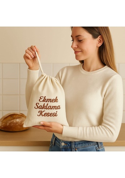 Ekmek Saklama Kesesi Müslin Nakışlı Ekru