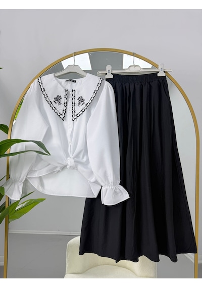 Lovie Moda Nakışlı Bebe Yaka Bluz Jakar Etekli Takım Beyaz