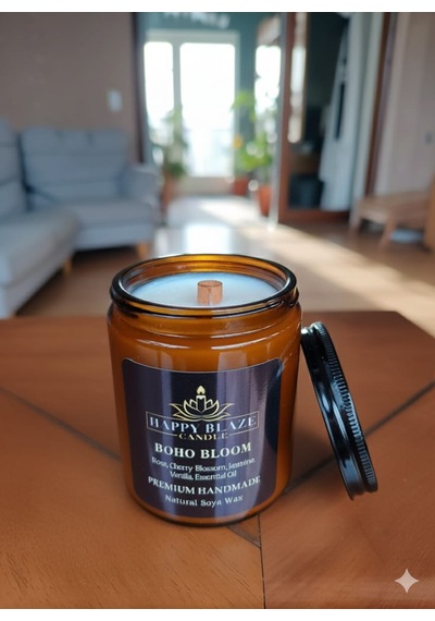 Boho Bloom Gül & Yasemin Kokulu El Yapımı Soya Mumu Happy Blaze Candle Amber