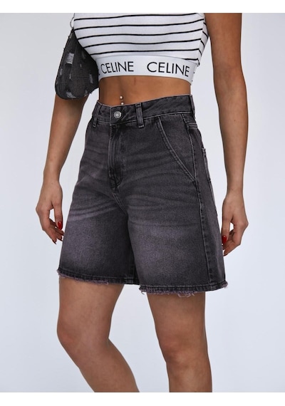 Füme Denim Mini Şort Siyah