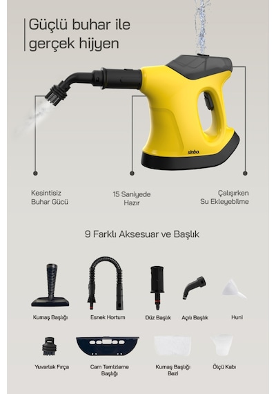 Sinbo SSC-6424 9 In 1 Çok Fonksiyonlu El Tipi Basınçlı Buharlı Temizlik Makinesi