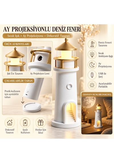 Hymark Deniz Feneri Ay Led Projeksiyon Lamba Bluetooth Hoparlör Kumanda Dimmer 2400 Mah Pil Beyaz