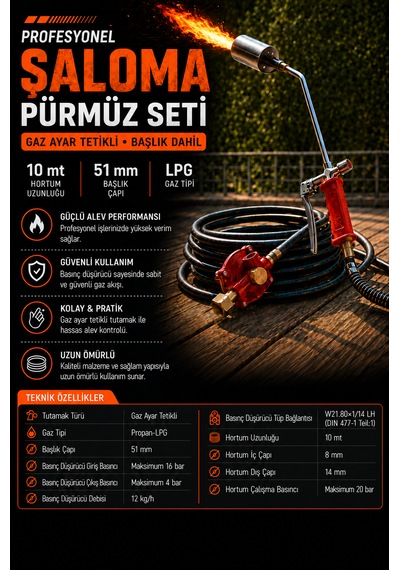 Profesyonel İzolasyon Pürmüz Şaloma Seti 51 Mm, 4 Bar, 10 Metre Hortumlu, Basınç Düşürücülü, Lpg/propan -