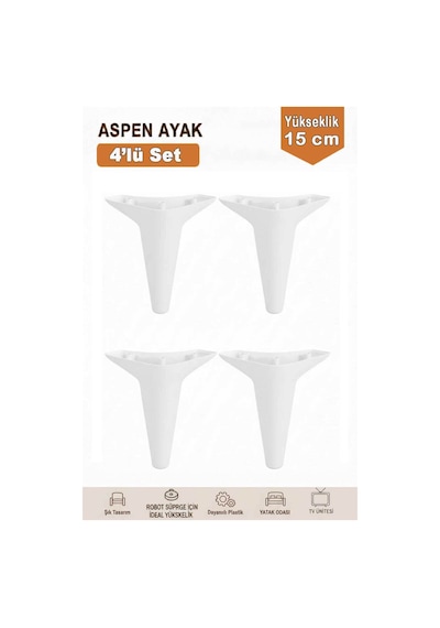 Aspen 15 Cm Beyaz 4'lü Set Koltuk Baza Dolap Tv Ünitesi Yatak Odası Konsol Ayağı Siyah