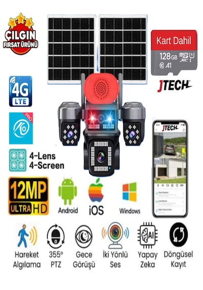 O-kam Ok-337 Premium 4g 12mp Sim Kartlı 2xsolar Panelli Çakarlı 4 Kameralı 1 Ptz Akıllı Kamera + 128gb Sd Kart