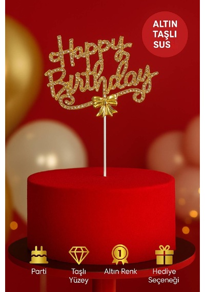 Altın Renkli Taşlı Happy Birthday Pasta Süsü Işıltılı Metal Dekor Doğum Günü Aksesuarı