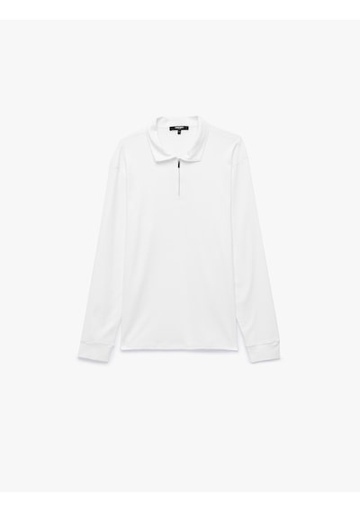 Koton Pamuklu Uzun Kollu Yarım Fermuarlı Polo Yaka Sweatshirt Beyaz 7wam70105mk