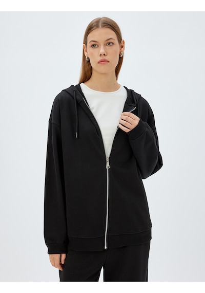 Koton Fermuarlı Kapşonlu Sweatshirt Uzun Kollu Üç İplik Pamuklu Siyah 5wak10225ek Siyah