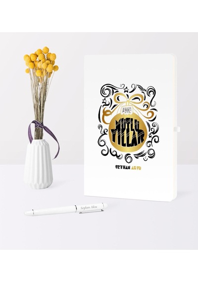 Kişiye Özel Yılbaşı Mutlu Yıllar Temalı Beyaz Defter Kalem Seti - 9