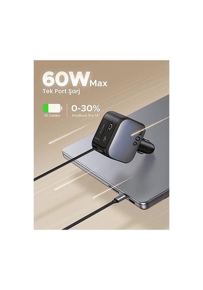 Ugreen 90w 2x Usb-c, 1x Usb-a Port Usb-c Makaralı Dahili Kablolu Hızlı Araç Çakmaklık Şarj Cihazı
