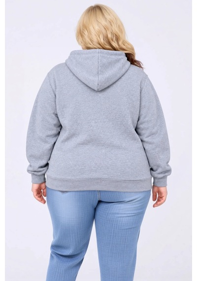 Ersefa Kadın Büyük Beden Sweatshirt Üç İplik İçi Şardonlu Kapüşonlu Kang Gri