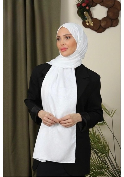 Flora Tekstil Çiçekli Desen İnce Medine İpeği Jakar Şal Beyaz