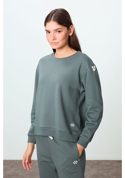Tommy Life Haki Kompakt Pamuklu Kalın Pürüzsüz Dokulu O Yaka Oversize Fit Kadın Eşofman Takım - 95341 Haki