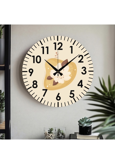 Çiçek Desenli Dekoratif Türkçe Rakamlı Uv Baskılı Duvar Saati Sessiz Akar Mekanizma Metal Akrep Sarı