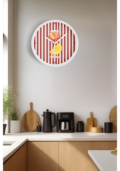 Renkli Tasarım Kokteyl Bardağı Modern Duvar Saati - Mutfak Duvar Saati - 42cm - Önü Camlı Beyaz Kasa Beyaz
