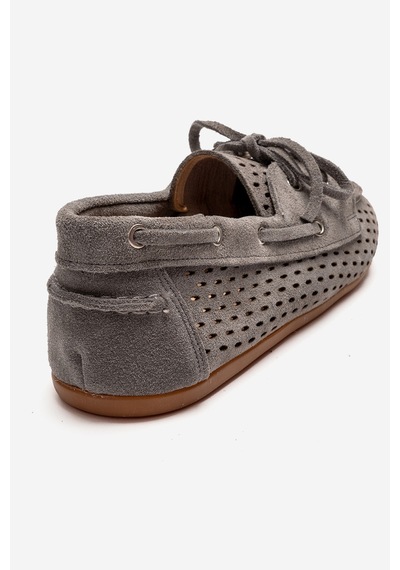 Luvishoes Stevo Gri Süet Hakiki Deri Delikli Bağcıklı Kadın Loafer Ayakkabı