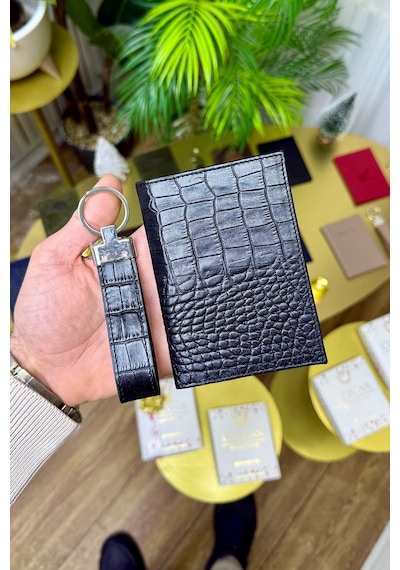 Premium Deri Ruhsat Kılıfı Ve Anahtarlık Seti Siyah Croco