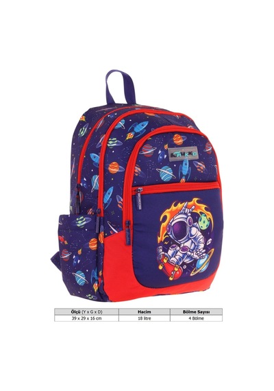 Kauıkko Kids Lacivert Kırmızı Astronot Baskılı Erkek Çocuk Okul Çantası - L5267 - Dört Gözlü Lacivert - Kırmızı