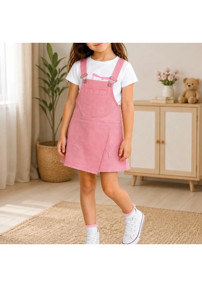 Candar Keten Salopet Şort Etek Çocuk Takımı 3/7 Yaş Pembe
