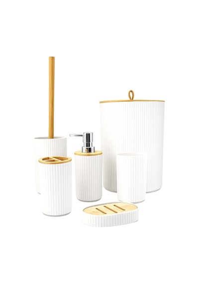 6 Lı Banyo Seti Sabunluk Diş Fırçalık Sıvı Sabunluk Çöp Kovası Tuvalet Fırçası Organizer Beyaz