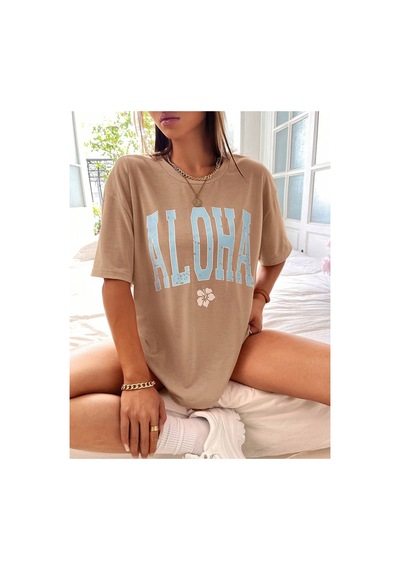 Aloha T-shirt - Bej Baskılı Oversize Bisiklet Yaka Kısa Kol Tişört Bej