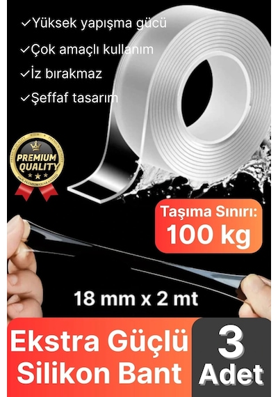3 Adet Çok Amaçlı Çift Taraflı İz Bırakmaz Tamir Montaj Bandı Şeffaf Güçlü Silikon Bant 18 Mm X 2 Mt