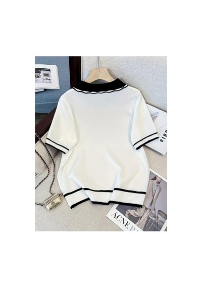 De Pose Yaka İşlemeli Kurdele Fiyonk Detaylı Ajurlu Basic Triko Kadın T-shirt Beyaz