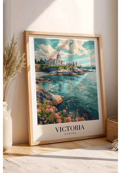 Victoria Canada Vintage Seyahat Posteri Çerçeveli Tablo - Premium Parlamento Elit Duvar Dekoru Kayın
