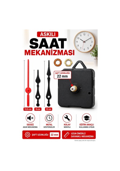 Askılı Sessiz Akar Saat Mekanizması 22 Mm Şaft Metal Akrep Yelkovan Saniye Seti Siyah