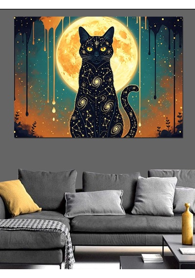 Ahşap Tablo Ay Işığında Yıldızlı Siyah Kedi Çocuk Odası Tabloları
