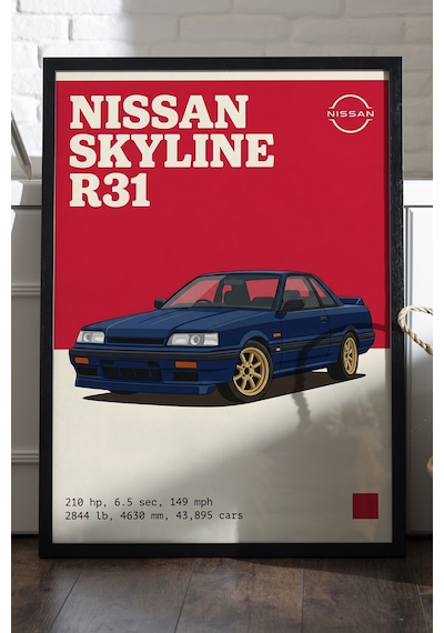 Nissan Skyline R31 Sport Siyah Ahşap Çerçeveli Poster, Dekoratif Araba Duvar Tablosu