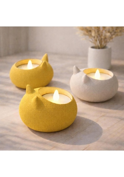Modern Tasarım 3'lü Tealight Seti: Mat Dokulu Kedi