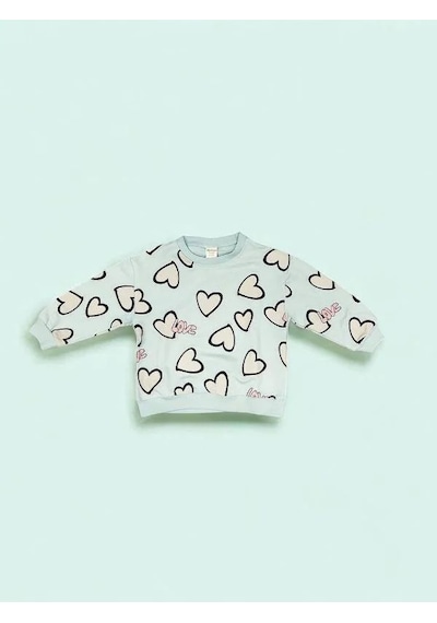 Kız Çocuk Kalp Detaylı Pamuklu Sweatshirt-15169 Mint