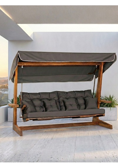 Luna Deluxe 2600 Iroko Beş Kişilik Yatak Olma Ve Ayak Uzatma Sehpalı Ahşap Bahçe Salıncağı Antrasit Minder Seti Dahil Antrasit