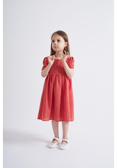 Oliventhekid Kolları Ve Beli Lastikli Kız Çocuk Elbise Kiremit Kiremit