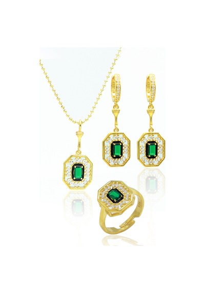 Zümrüt Taşlı Sekizgen Model Gold Kaplama 925 Ayar Gümüş Üçlü Set 201024003 Gold