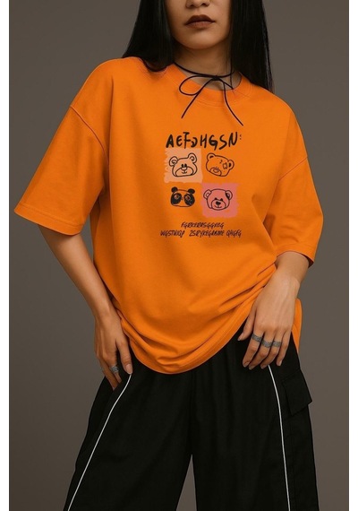 Ayıcık Baskılı Unisex Oversize Tişört Turuncu