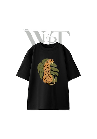 Thewert Cheetah Tasarım Baskılı Ünisex Siyah Oversize T-shirt