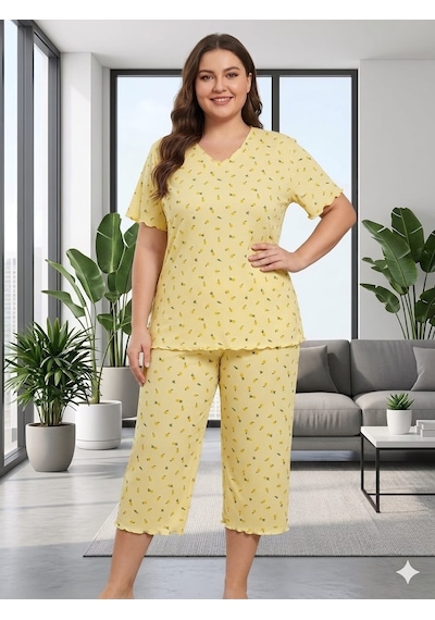 Büyük Beden Kısa Kol Pamuklu Ultrasoft Likralı Kapri Pijama Takımı 8652 Sarı