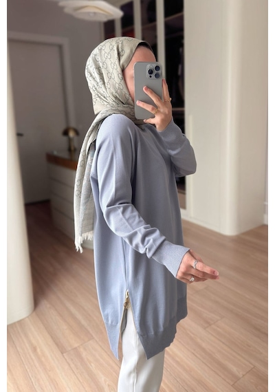 Kahijab Yan Fermuar Basic Merserize Tunik - Gri
