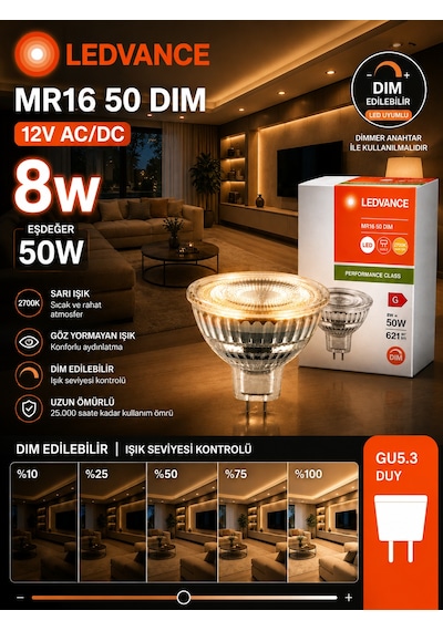 6 Adet Ledvance 12v Ac/dc 8w 50w Dimli 2700k Sarı Işık Gu5.3 Duylu Led Çanak Ampul