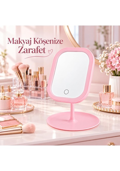 Led Işıklı Masaüstü Ayna, Dokunmatik Kontrol, Tepsili Taban, Kozmetik Model, Makyaj Aynası Pembe, Dikdörtgen Genel