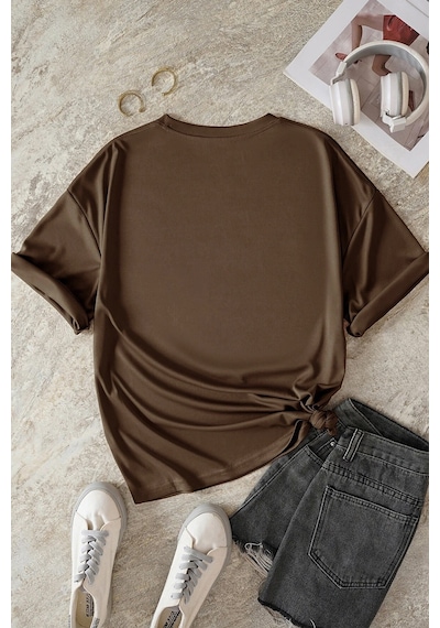Unisex Kedi Baskılı Oversize Tshirt Kahverengi