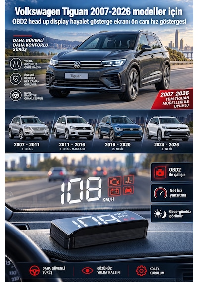 Volkswagen Tiguan 2007-2026 Modeller İçin Obd2 Head Up Display Hayalet Gösterge Ekranı Ön Cam Hız Göstergesi
